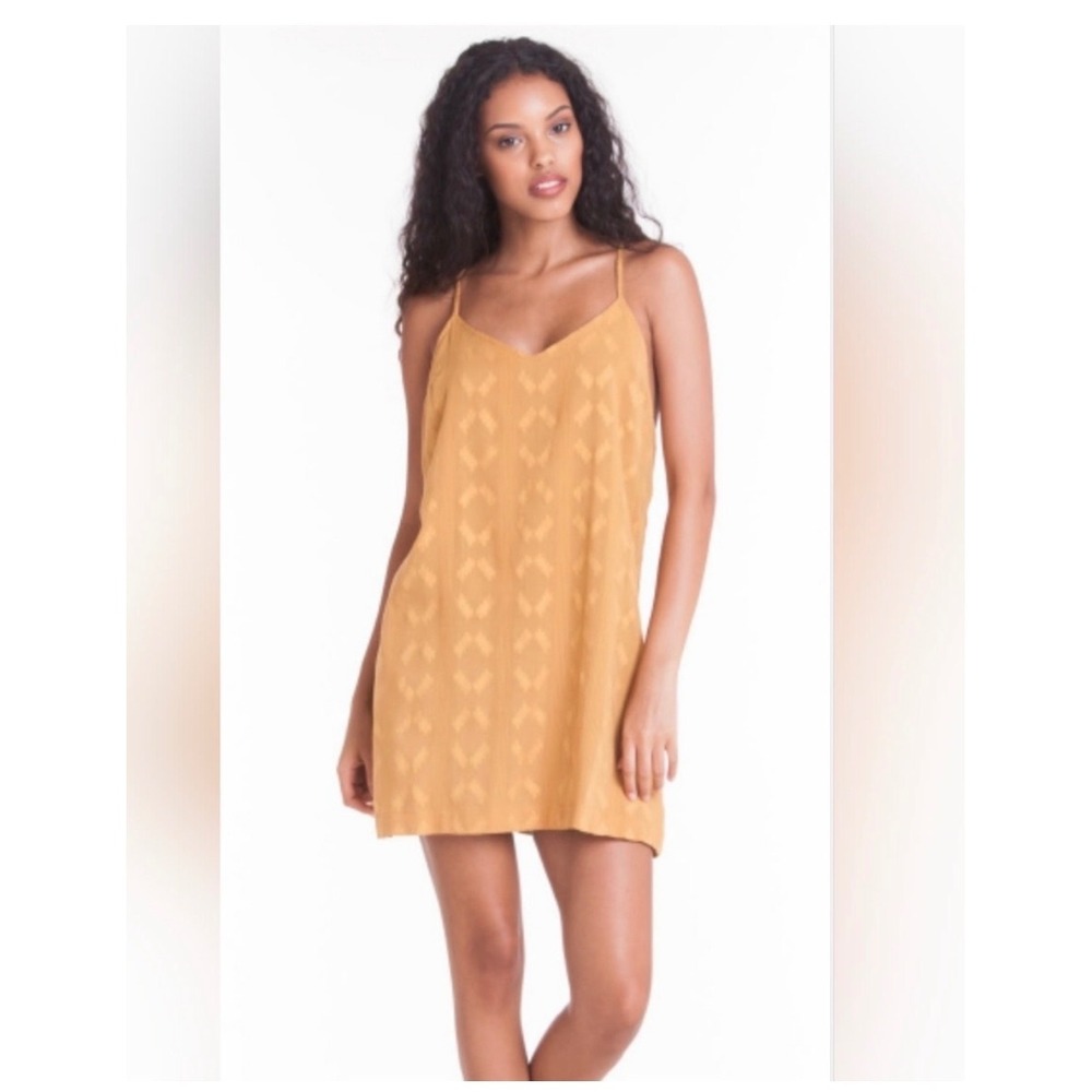 Obey No 89 Mustard Yellow Jacquard Cotton Slip Dress XS Geometric Mini Shift